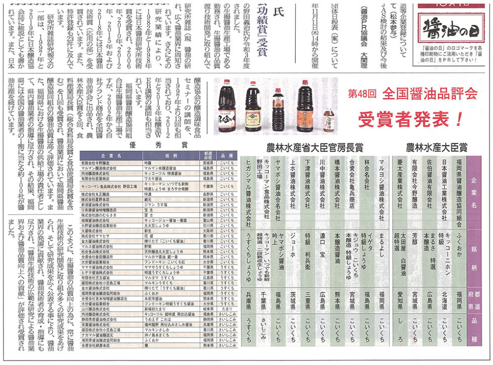 第48回　全国醤油品評会「優秀賞」で表彰されました。